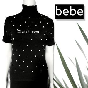 BEBE Black Turtleneck Short Sleeve  Sweatshirt with Pearl Jewels size M